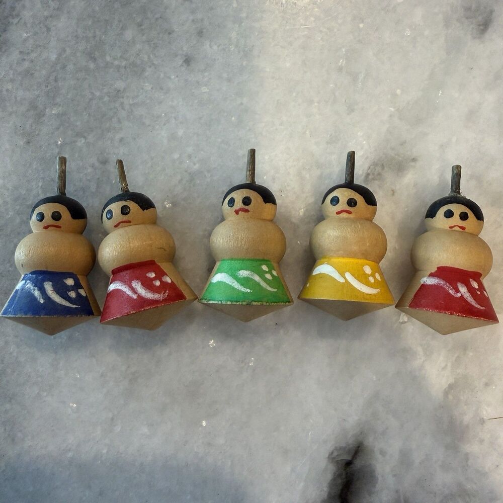 Lot of 5 Vtg Wood Spinning Tops SUMO Japanese Toys Hand Painted W/ Wood Chest